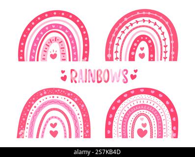 Hand painted cute rainbow Decorated with pink heart shape Valentine&rsquo;s Day card decoration ideas Stock Vector