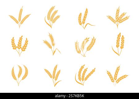 Wheat and rye ears. Harvest stalk grain spike icon. Gold elements for organic food logo, bread packaging or beer label. Isolated vector silhouette icons set. Wheat and rye ears. Harvest stalk grain spike icon. Elements for organic food logo, bread packaging or beer label. Isolated vector silhouette set Stock Vector