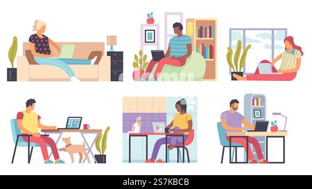 Freelance people. Men and women working remotely home on laptops and computers, self employed distant office, self-isolation vector concepts. Freelance people. Men and women working home on laptops and computers, self employed distant office, self-isolation vector concepts Stock Vector