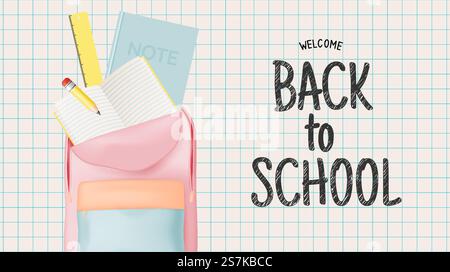 Various stationery and school suppliers for back to school in 3d realistic art style with pastel color vector illustration Stock Vector