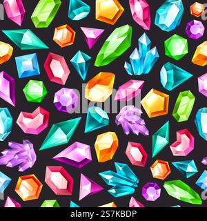 Gem seamless pattern. Gemstones amethyst, topaz and quartz. Diamonds and ruby, sapphire, crystal and emerald, jewels vector colorful texture. Gem seamless pattern. Gemstones amethyst, topaz and quartz. Diamonds and ruby, sapphire, crystal and emerald, jewels vector texture Stock Vector