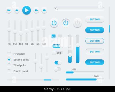 White ui. User interface elements in blue and white for mobile app, websites, social media display buttons, sliders and selectors, switches set vector illustration template. White ui. User interface elements for mobile app, websites, social media display buttons, sliders and selectors, switches set vector template Stock Vector
