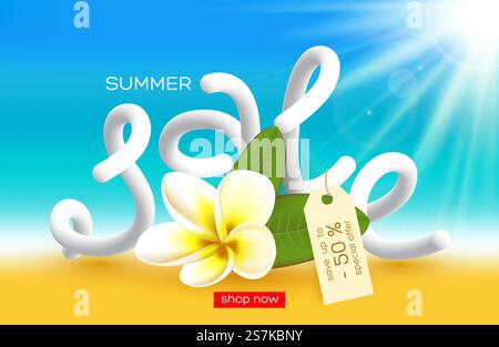 Summer sale poster design. Realistic flower with 3d letters, blur effect sunny background. Vector illustration.. Summer sale poster design. Stock Vector
