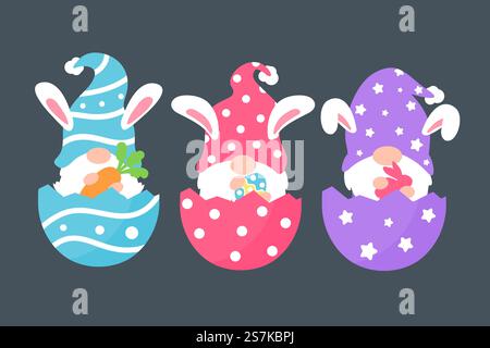 Cute gnomes wearing bunny ears hold carrots and colorful eggs in Easter. Isolated on background Stock Vector
