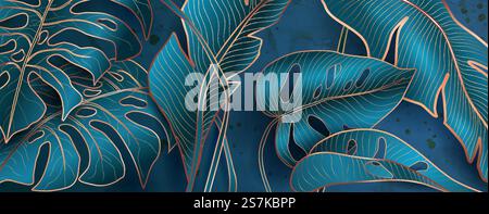Floral patterns in blue and serpentine metallic colors on backdrops for home decor and banners. Stock Vector