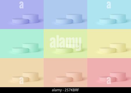 Set of 3d podium scenes in different colors. Mockup for product presentation with copy space. Winner pedestal in studio, minimal background. Vector illustration.. Set of 3d podium scenes. Stock Vector