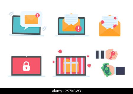 Computer with red screen. The concept of ransom computer virus infection from email Stock Vector