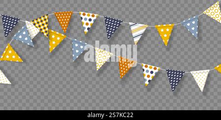Vector bunting flags with geometric patterns. Decorative elements for birthday party, festivals, holidays. Isolated on transparent background.. Vector bunting flags with geometric patterns. Stock Vector