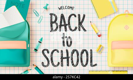 Various stationery and school suppliers for back to school in 3d realistic art style with pastel color vector illustration Stock Vector
