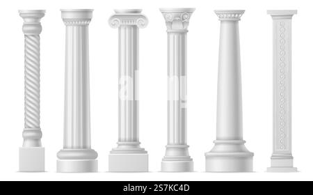 Antique white columns. Roman historical stone colonnade or pillars, realistic marble pillar ancient greece architecture, classic column art objects vector isolated set. Antique white columns. Roman historical stone pillars, marble pillar ancient greece architecture, classic column art objects vector set Stock Vector