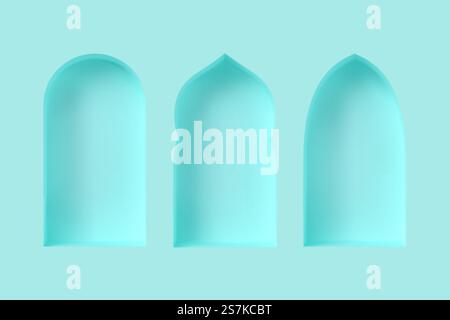 Set of 3d Arabic style windows. Architectural design elements for muslim holidays. Realistic minimal style. Vector illustration.. Set of 3d Arabic style windows. Stock Vector