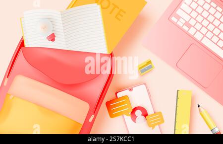 Various stationery and school suppliers for back to school in 3d realistic art style with pastel color vector illustration Stock Vector