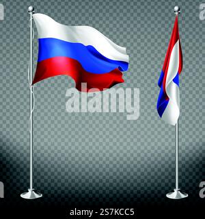 Russian Federation official national tricolor flag fluttering in wind and lying calm on metal flagpole 3d realistic vector illustration isolated on transparent background. Russia national symbolic. Russia national tricolor flag 3d realistic vector Stock Vector