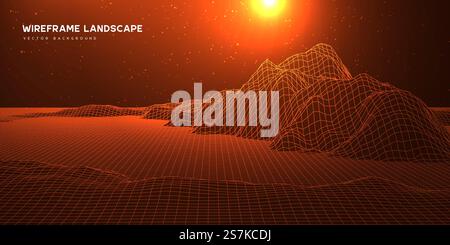 Digital wareframe landscape background with stars and sun on horizon. Abstract cosmic landscape. Big data. 3d futuristic technology vector illustration.. Digital wareframe landscape background. Stock Vector