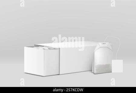Herbal tea packaging 3d vector mockup template. Packed in rectangular teabag with label tag leaves near blank white, opened cardboard box or container full of sachets illustration. Food product ad. Black or green tea packaging vector mock-up Stock Vector