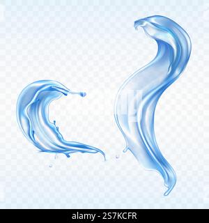Vector blue water splashes isolated on transparent background. Aqua wave with drops and blobs. Fresh appetizing fluid, liquid for advertising poster, design element for promo banner.. Vector blue water splashes. Aqua wave, drops Stock Vector