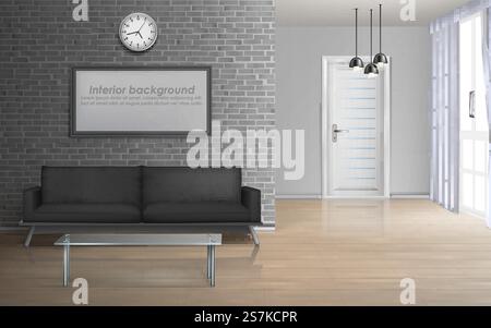 House living room, apartment hall interior in minimalistic style 3d realistic vector mockup with coffee table and sofa, blank paintings frame on brick wall illustration. Comfortable home background. Spacious living room realistic vector interior Stock Vector