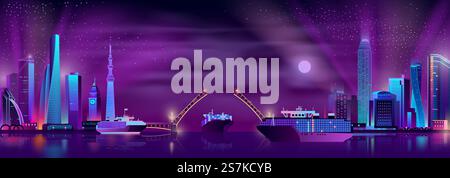 Metropolis seaport cartoon vector. Skyscrapers on shore, cargo ship with shipping containers, ferry vessels sailing under drawbridge at night illustration. Global business, international trade concept. City bay with drawbridge cartoon vector background Stock Vector
