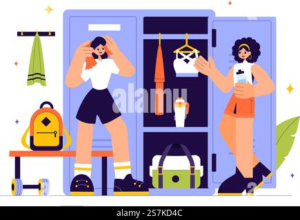 Gym Locker Room Vector Illustration Featuring Dressing Storage for Sports Teams with Fresh Dry Towels, Wardrobes, and Benches for Neat Uniform Changes Stock Vector