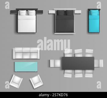 Sleeping bed with various color linens and pillows, soft chairs and dining table top view realistic vector set isolated on grey background with shadows. Modern furniture for bedroom and living room. Bedroom and living room furniture vector set Stock Vector