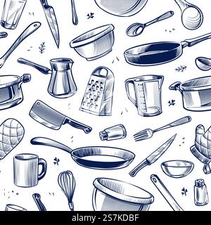 Cooking utensils seamless pattern. Sketch kitchen tool, kitchenware. Pan, knife and fork, grater chef utensils vector gastronomy texture or doodle wallpaper for restaurant product. Cooking utensils seamless pattern. Sketch kitchen tool, kitchenware. Pan, knife and fork, grater chef utensils vector gastronomy texture Stock Vector