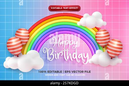 happy birthday editable text effect with cute rainbow cartoon style Stock Vector
