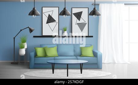 Comfortable house or apartment living room 3d realistic vector modern interior mockup with soft sofa, glass coffee table, paintings on wall, white carpet on laminate floor, large window illustration. Comfortable living room modern interior vector Stock Vector