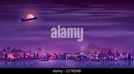 Small fishing town or village on northern coast neon colors cartoon vector. Passenger airliner flying at night over illuminated cottage houses on river or sea shore, boats sailing in bay illustration. Fishing village on seashore neon cartoon vector Stock Vector