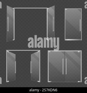 Glass doors. Realistic open and closed double glass mall and store doors. Modern architectural interior and exterior transparent architecture elements vector set. Glass doors. Realistic open and closed double glass mall and store doors. Modern architectural interior and exterior elements vector set Stock Vector