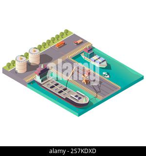 Isometric port, delivering petroleum or oil by sea. Crane pumping liquid cargo from tanker ship in quay, cistern trucks transporting containers with fuel, import or export. 3d vector illustration. Isometric port, delivering petroleum or oil by sea Stock Vector