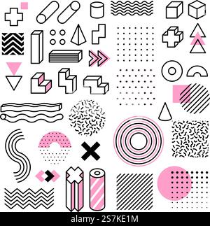 Abstract geometric shapes. Universal trend memphis style graphic symbols. Circle, triangle and cube, line and dots elements vector geometrical ornament set. Abstract geometric shapes. Universal trend memphis style graphic symbols. Circle, triangle and cube, line and dots elements vector set Stock Vector