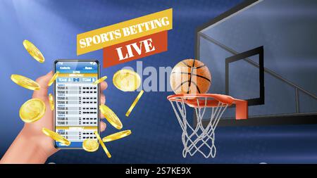 Sports betting mobile application, matches scores live streaming online service 3d realistic vector ad banner, poster with basketball ball on hoop, hand holding cellphone, golden coins illustration. Sports betting live results app vector banner Stock Vector
