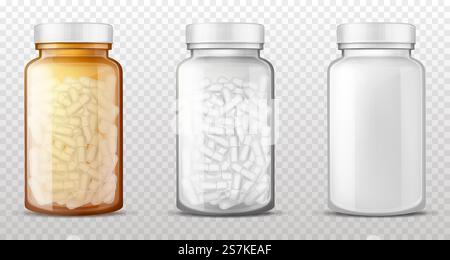 Transparent plastic, brown amber glass bottles for medicines, empty, full of pills or dragee vials closed with cap isolated 3d realistic vector illustrations. Pharmaceutical product packaging mockup. Plastic, glass bottles for pills realistic vector Stock Vector