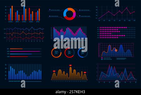 Hud dashboard. Technology user interface, futuristic infographic diagram digital screen with hologram, options and workflow technological chart vector presentation panel set. Hud dashboard. Technology user interface, futuristic infographic diagram digital screen with hologram, options and workflow chart vector set Stock Vector