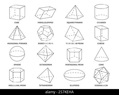 Geometric 3d line shapes. Geometry linear forms triangle, tetrahedron and cone, sphere and pyramid, hexagonal and prism objects vector education set. Geometric 3d line shapes. Geometry linear forms triangle, tetrahedron and cone, sphere and pyramid, hexagonal and prism objects vector set Stock Vector