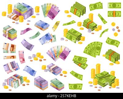 Dollar and euro banknotes. Isometric cash money, various currencies dollars and euros bundles and coins 3d financial awards vector different currency investment payment set. Dollar and euro banknotes. Isometric cash money, various currencies dollars and euros bundles and coins 3d financial awards vector set Stock Vector