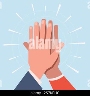 High five hands. Two hands giving high five informal greeting with friendly partners, great work achievement. Team success vector slapping working gesture concept. High five hands. Two hands giving high five informal greeting with friendly partners, great work achievement. Team success vector concept Stock Vector