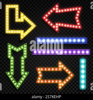 Arrows with bulb lamps. Retro signpost with blue, red and yellow light bulbs for theater billboard, circus and casino neon lighting frame vector design. Arrows with bulb lamps. Retro signpost with blue, red and yellow light bulbs for theater billboard, circus and casino neon frame vector design Stock Vector