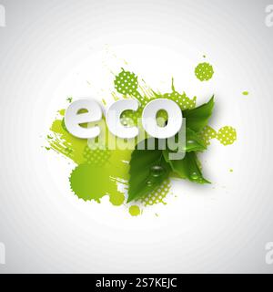 Paper eco with realistic leaves, water drops and watercolor splash. Ecology background. Vector illustration.. Ecology background. Stock Vector