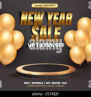 new year sale editable text effect with 3d realistic luxury black gold podium Stock Vector
