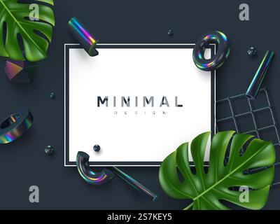 Minimal design with 3d render primitives and monstera leaves. 3d geometric shapes in dark iridescent colors. Abstract summer background. Vector illustration.. Minimal abstract summer design. Stock Vector
