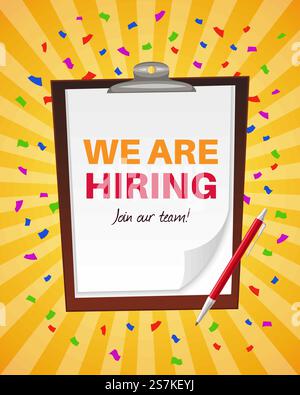 We are hiring. Announcement vacancy recruitment companies employment poster, business company job offer open opportunities, vector employee finding background. We are hiring. Announcement vacancy recruitment companies employment poster, business company job offer open opportunities, vector background Stock Vector