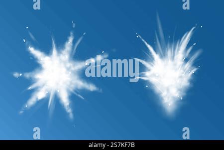 Snow powder white explosion set top and side view, vector ice or snowflakes splash clouds, design elements for christmas, new year holidays promo isolated on blue background. Realistic 3d illustration. Snow powder white explosion set top and side view Stock Vector