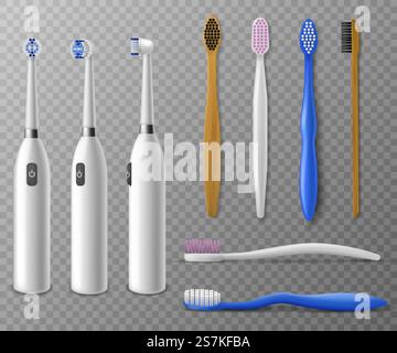 Toothbrushes mockup. Realistic plastic, electric toothbrush in different angles, promo items daily morning mouth hygiene, tooth cleaning vector set on transparent background. Toothbrushes mockup. Realistic toothbrush in different angles, promo items daily morning mouth hygiene, tooth cleaning vector set Stock Vector