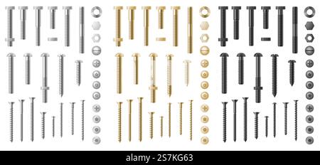 Big realistic set of stainless steel, silver and golden bolts, nails, gears and screws. Top and side view of industrial hardware, heads with nuts and washers. 3d vector illustration. Big set of stainless steel, silver and golden bolts, nails, gears and screws. Top and side view Stock Vector