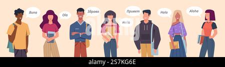 People greeting in different languages. Multilingual greeting bubbles, persons diverse countries, international communication vector multicultural concept. People greeting in different languages. Multilingual greeting bubbles, persons diverse countries, international communication vector concept Stock Vector