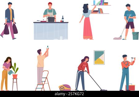 Household activities. Housekeeping chores, repair and cleaning home, people man or woman wash dishes and floor and vacuuming, cook vector cartoon isolated characters. Household activities. Housekeeping chores, repair and cleaning home, people wash dishes and floor and vacuuming, cook vector characters Stock Vector