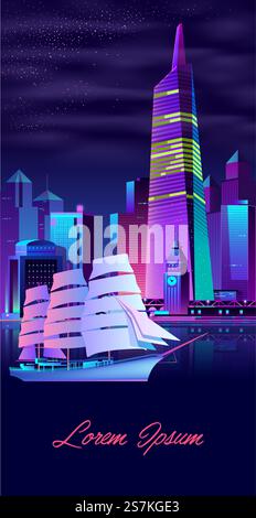 Metropolis nightlife neon colors cartoon vector vertical banner or poster with illuminated futuristic architecture skyscrapers buildings, ancient frigate or yacht sailing in bay at night illustration. Sailing yacht in modern city bay cartoon vector Stock Vector