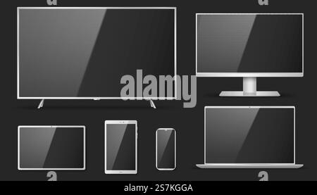 Set of realistic TV, lcd, led, computer monitor, laptop, tablet and mobile phone with empty screens. Various modern electronic gadget and monitors isolated on black background. Vector illustration. Set of realistic TV, lcd, led, computer monitor, laptop, tablet and mobile phone with empty screen Stock Vector