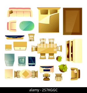 Furniture and kitchen appliances top view cartoon vector set isolated on white background. Sofa, dining table, double bed, fireplace, work desk illustration. Modern house interior design elements. Home furniture and appliances cartoon vector set Stock Vector
